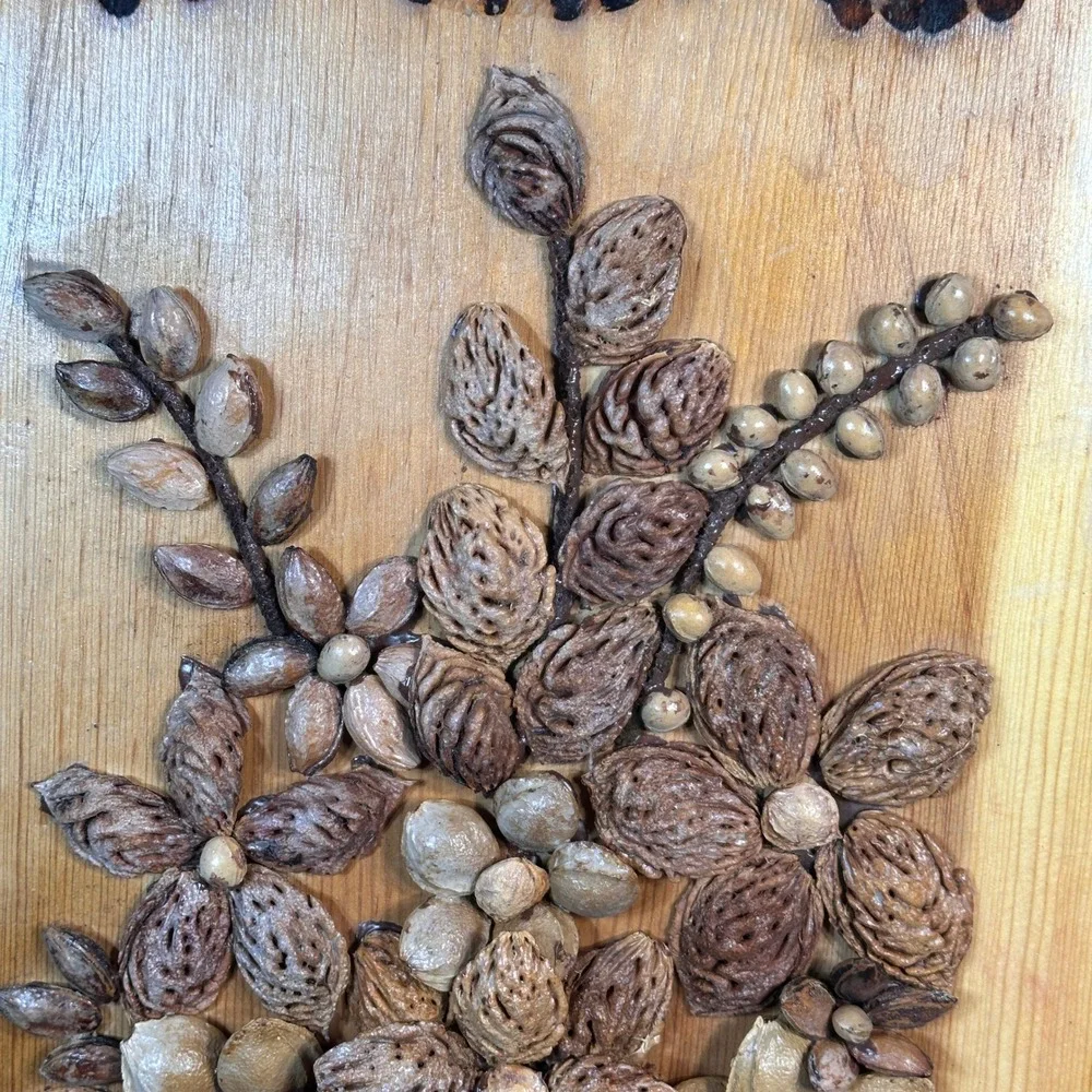Vintage Handmade Seed Nut Peach Pit 3D Floral Wood Plaque Rustic Decor Whimsical